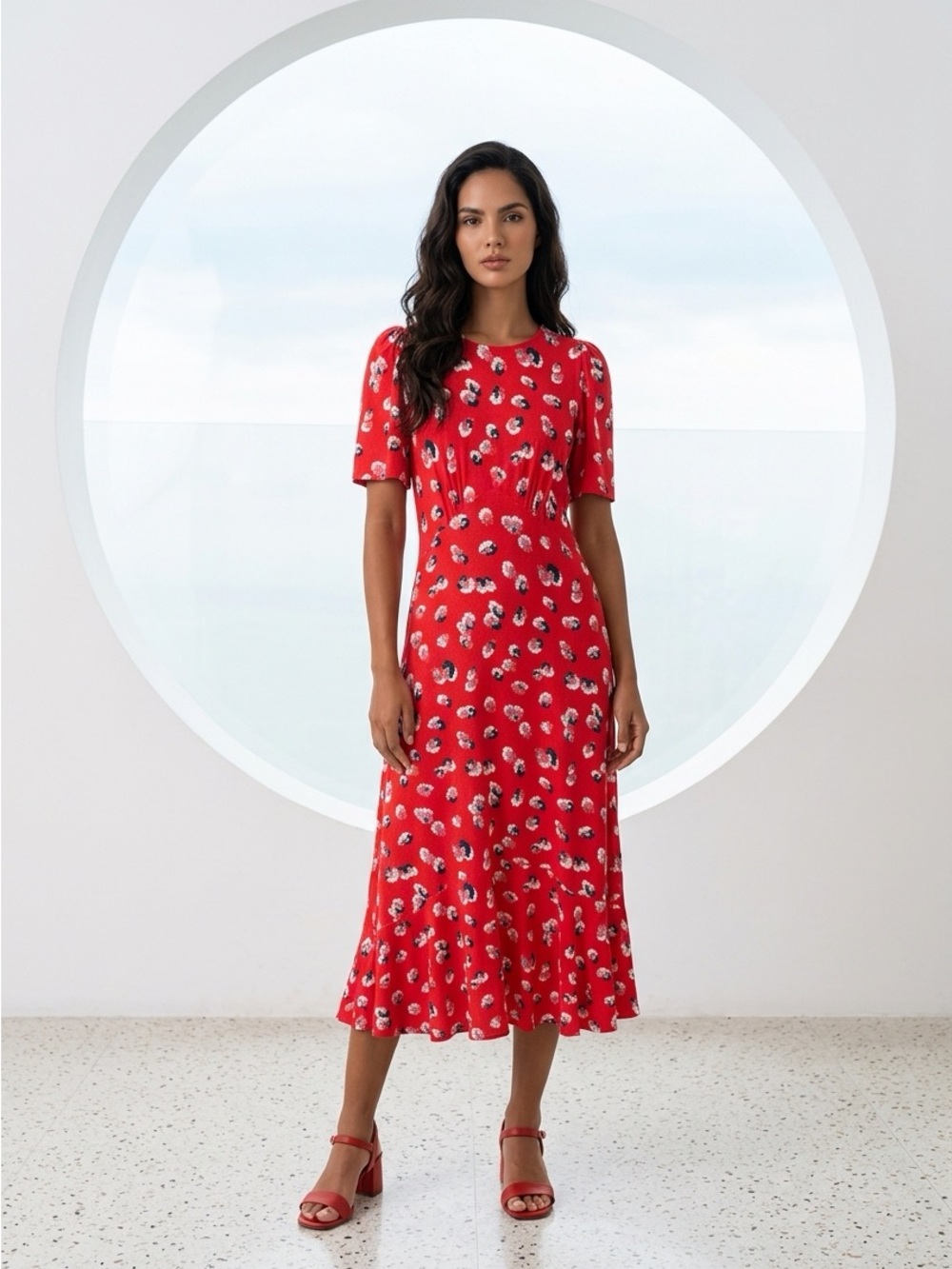 Boden Red Floral Midi Dress with Short Sleeves
